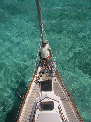 David on the bow, Lighthouse Reef Atoll, Belize