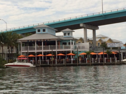 Looking at the Matanzas Inn Restaurant - the dinghy dock is just beyond under the bridge