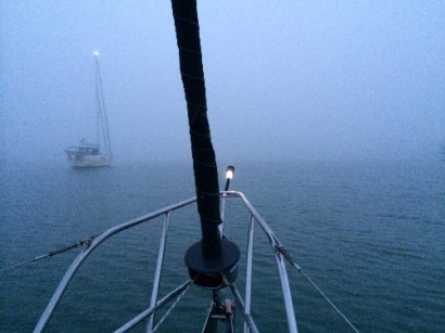 The boat in front of us moved to a much more acceptable distance, but it's still within sight in the dense fog.  Other boats were not in sight.  