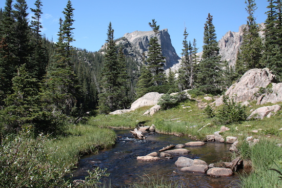 We crossed several clear mountain streams hiking up to Emerald Lake. This one highlights Mt Hallett in the distance.