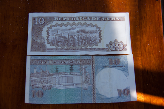 Back sides -- CUP - or Cuban National Pesos - on top; CUC on bottom.